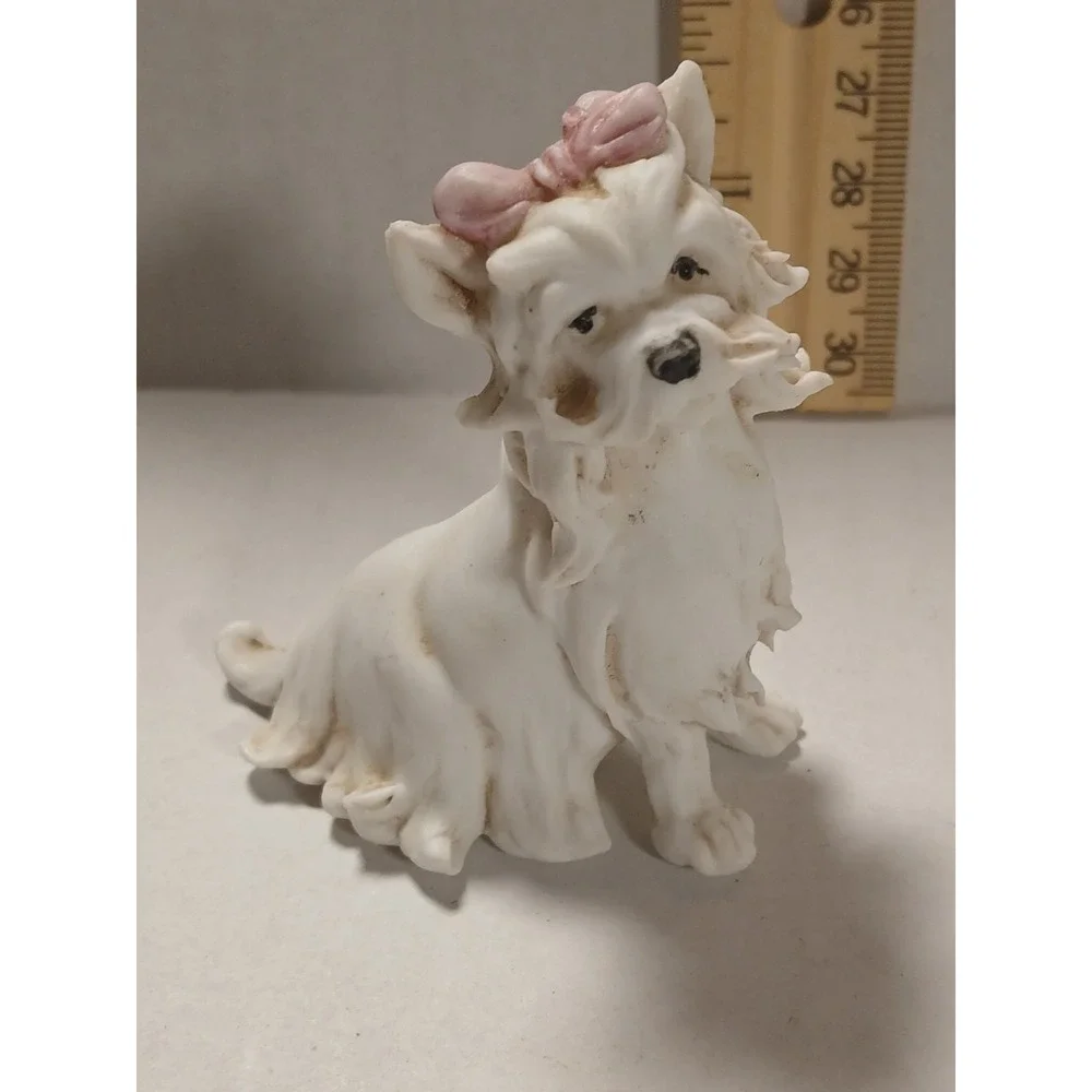 Antique Porcelain‎ White Pink Bow Dog Italian Figurine, Tiche Company,